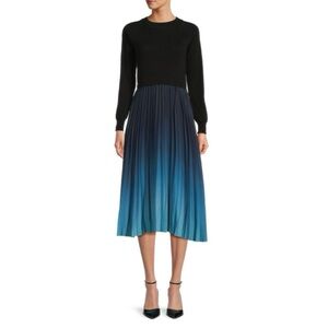 Nanette Lepore Black Top Blue Ombre Pleated Long-Sleeve Dress